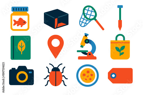 Field Study Icons. Flat vector icons of field study and sampling: specimen jar, trap, net, sampling stick, field notebook, GPS
