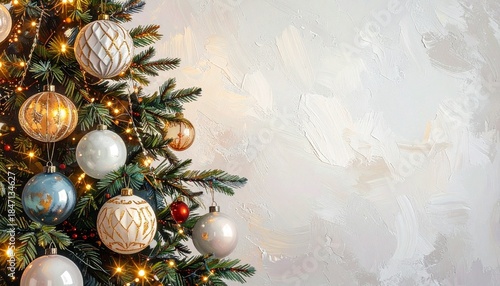 Christmas Tree Ornament Decoration: The image showcases a beautifully adorned Christmas tree, its evergreen branches elegantly draped with sparkling ornaments and twinkling lights.