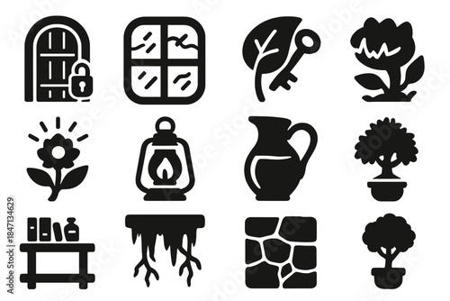 Secret Greenhouse Icons. Solid style icons of Secret Greenhouse: Locked Door, Fogged Glass, Hidden Key, Strange Plant, Glowing