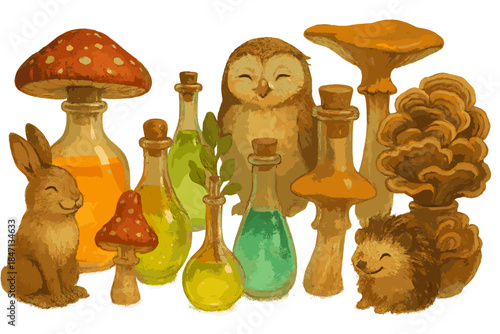 Fungi Apothecary Magic. Medicinal mushroom apothecary with fungi-shaped bottles, glowing elixirs, and smiling herbal animals No