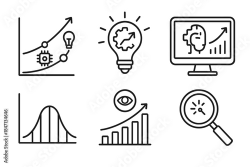 Tech Trend Icons. Line style icons of Predicting Technological Trends: trend graph with tech icons, emerging innovation bulb, AI