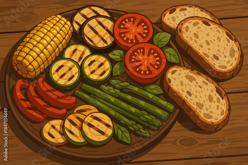 Gourmet Grilled Feast. Rustic wooden table with a gourmet assortment of grilled vegetables and artisan bread, rich natural tones,