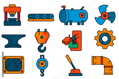 Vintage Factory Icons. Flat vector icons of Old Factory Equipment: steel press, conveyor roller, boiler tank, broken fan, heavy