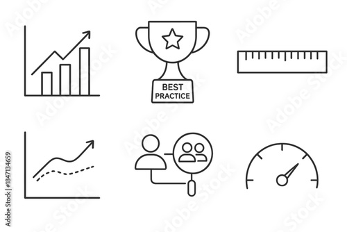 Benchmarking Line Icons. Line style icons of Benchmarking: comparison graph, best practice trophy, standard ruler icon,