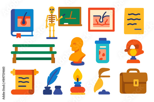Dermatology Education Icons. Flat vector icons of Early Dermatology Education: anatomy book, teaching skeleton, chalkboard, ink