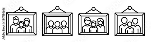 Line art icon set illustrating various family portraits in hanging picture frames
