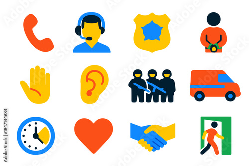 Hostage Negotiation Icons. Flat vector icons of hostage negotiation: phone receiver, negotiator headset, police badge, hostage