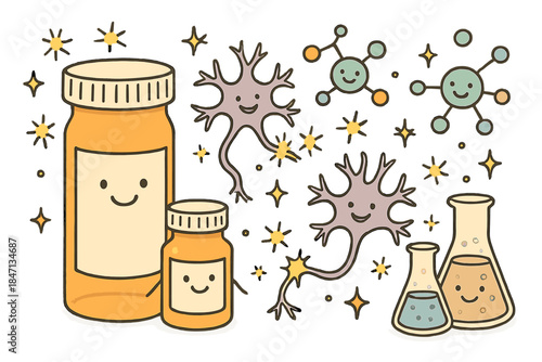 Cheerful Psychopharmacology Doodles. Whimsical doodle psychopharmacology lab with smiling pill bottles, cartoon neurons firing