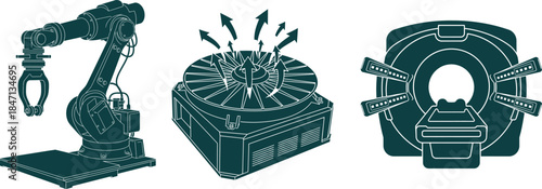 Industrial Robot Arm Medical Scanner and Cooling Fan Icons automation manufacturing