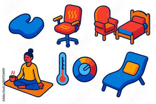 Comfort Essentials Collection. Isometric vector illustration set Comfort: ergonomic cushions, heated seating, traditional
