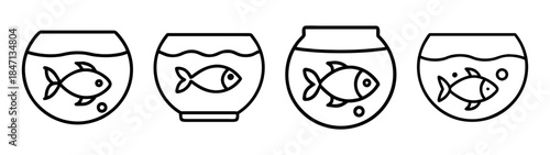 Four black and white line art icons depicting a single fish inside a round fishbowl