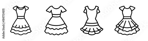 Four different styles of women's dresses represented as black and white line icons for fashion design