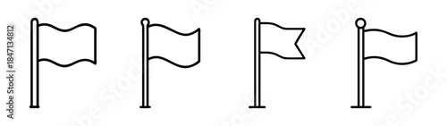 Four simple line art flag icon variations on poles set against a white background