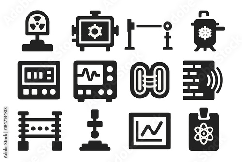 Experimental Physics Icons. Solid style icons of Experimental physics: lab detector, vacuum chamber, laser beam, cryostat, control