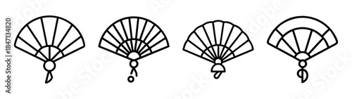 A collection of four black and white line art illustrations of traditional east asian folding fans