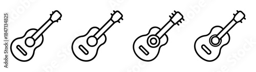 Four simple black outline icons featuring a small acoustic guitar or ukulele instrument