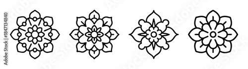 Four symmetrical floral patterns and rosettes in simple black line art style