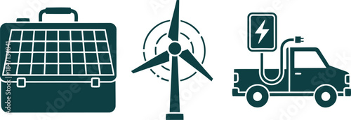 Portable solar panel briefcase wind turbine and electric truck icons suitcase