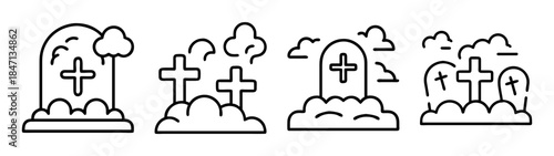 A collection of linear icons depicting various gravestones and crosses in a cemetery setting