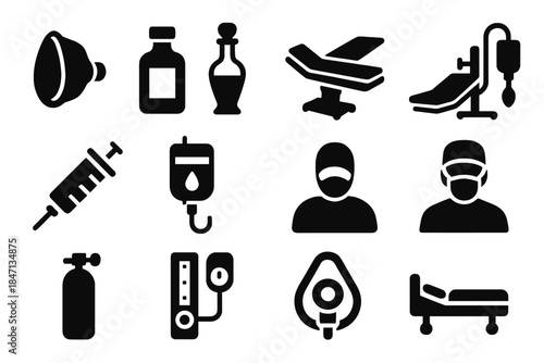 Anesthesia Evolution Icons. Solid style icons of development of anesthesia: ether mask, chloroform bottle, glass inhaler,