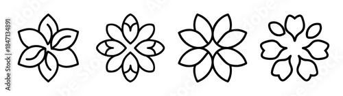 Minimalist flower line art collection with different petal counts in black and white