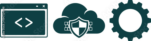 Programming code window cloud security shield and gear icon set coding software