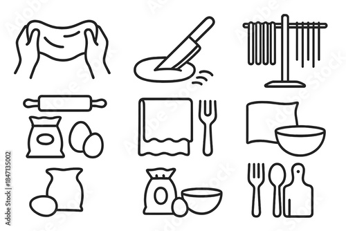 Traditional Cooking Icons. Line style icons of Traditional Cooking: Dough Stretching, Knife Slicing, Drying Rack, Raw Ingredients;
