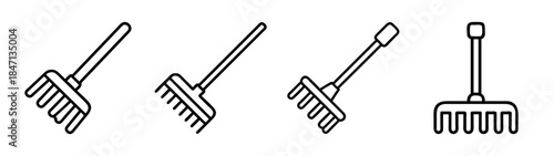Simple line art illustration of a garden rake icon set for gardening and yard work.