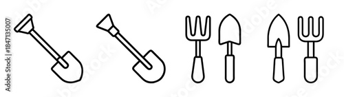 Simple line art set of gardening tools icons including shovel, trowel, and fork