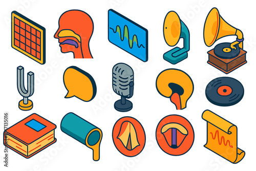 Vintage Phonetics Icons. Isometric vector illustration set Vintage Phonetics: IPA chart grid, vocal tract diagram, sound wave