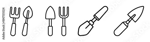 A collection of hand drawn outline illustrations of small gardening tools including trowel and fork