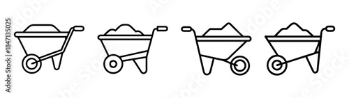 Four black and white line icons representing wheelbarrows filled with material for construction or gardening