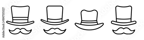Gentlemen's accessories icon set with top hats and mustaches in a minimalist outline style