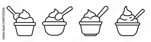 Simple line icons illustrating delicious frozen dessert in cups with spoons on white background