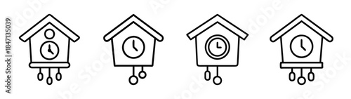 Set of four cuckoo clock line icons representing timekeeping and traditional design