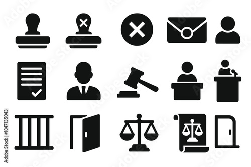 Verdict Icons Collection. Solid style icons of verdict outcomes: guilty stamp, not guilty stamp, mistrial symbol, sealed envelope,