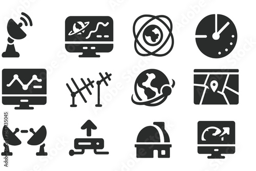 Ground Tracking Icons. Solid style icons of ground tracking: satellite dish, mission control screen, orbital path projection,
