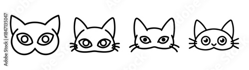 A collection of four minimalist black and white cat face icons or masks in line art