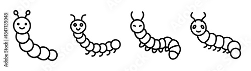 A set of four cute smiling caterpillar characters in simple outline drawing style