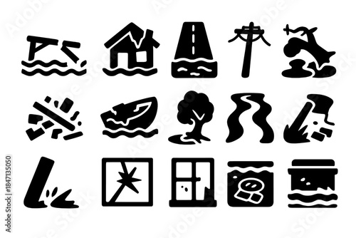 Storm Damage Icons. Solid style icons of Storm Damage: Broken Pier, Collapsed House, Flooded Road, Power Line, Debris, Damaged