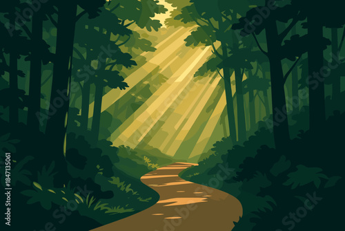 Forest Sunlight Pathway. Sunlight streaming through dense forest trees, creating dramatic vector illustration beams of light over