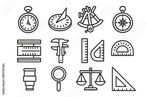 Classic Instrument Icons. Line style icons of classic instruments: pocket watch, sundial, sextant, compass; slide rule, caliper,