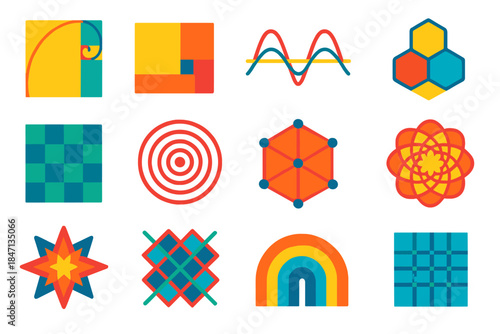 Mathematical Patterns Icons. Flat vector icons of Mathematical Patterns: golden ratio spiral, Fibonacci sequence, wave