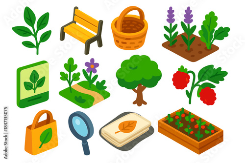 Urban Foraging Icons. Isometric vector illustration set Urban Foraging: edible wild plant, city park bench, woven basket, plant