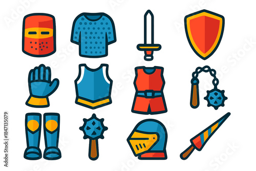 Medieval Knight Armor Icons. Flat vector icons of Medieval Knight Armor: great helm, chainmail hauberk, longsword, kite shield,