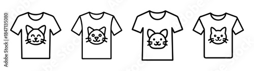 Four different cat face designs for t-shirts, presented in a simple black and white line art style.