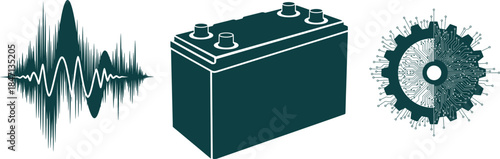Sound wave battery and circuit board gear icon set audio signal