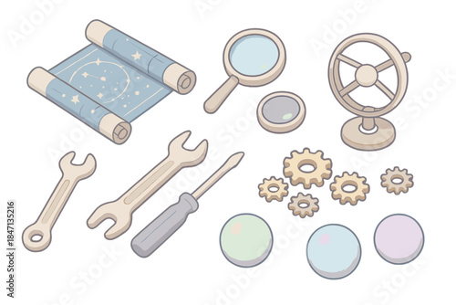Celestial Gear Icons. Isometric vector illustration set Celestial Gear Atelier: metal tools for starmap repair, micro gears,