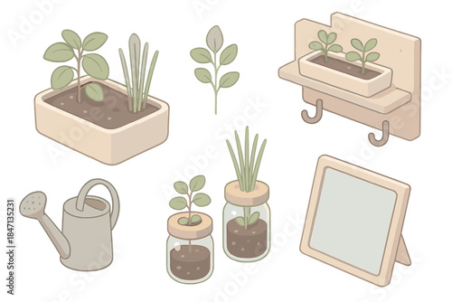 Urban Kitchen Herb Display. Isometric vector illustration set Urban Kitchen Herb Space: compact planter box, basil and chives,