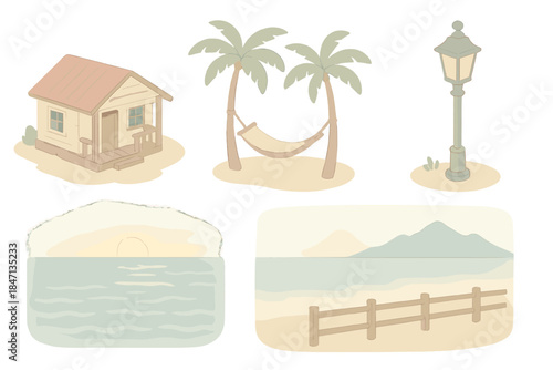 Seaside Horizon Retreat. Isometric vector illustration set Seaside Horizon Retreat: oceanfront cottage, hammock between palms,